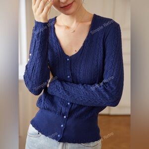 Simple Retro Vintage Style Button Front Pointelle Knit Cardi in Navy